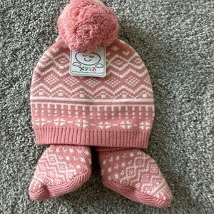 Pink Patterned Baby Hat and Booties Set
